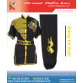 Ladies polyester black satin with white embroidered logo and buttons fashion costume / kung fu suit